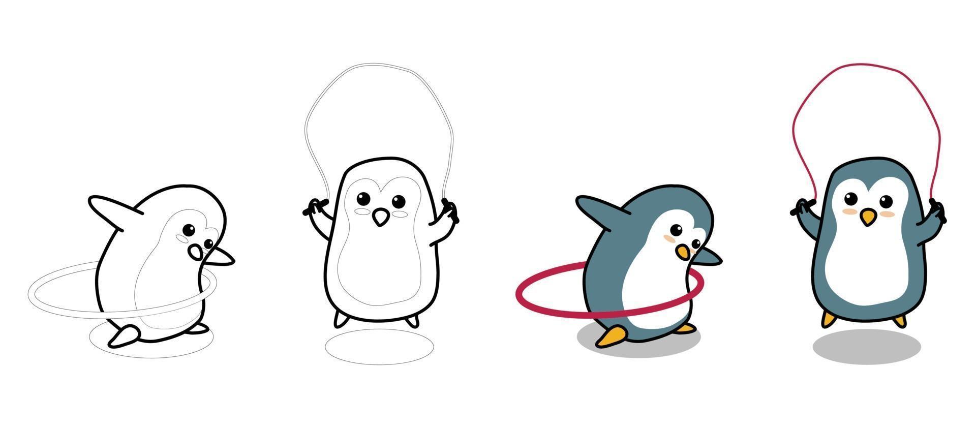 Adorable penguins are exercising cartoon coloring page for kids vector