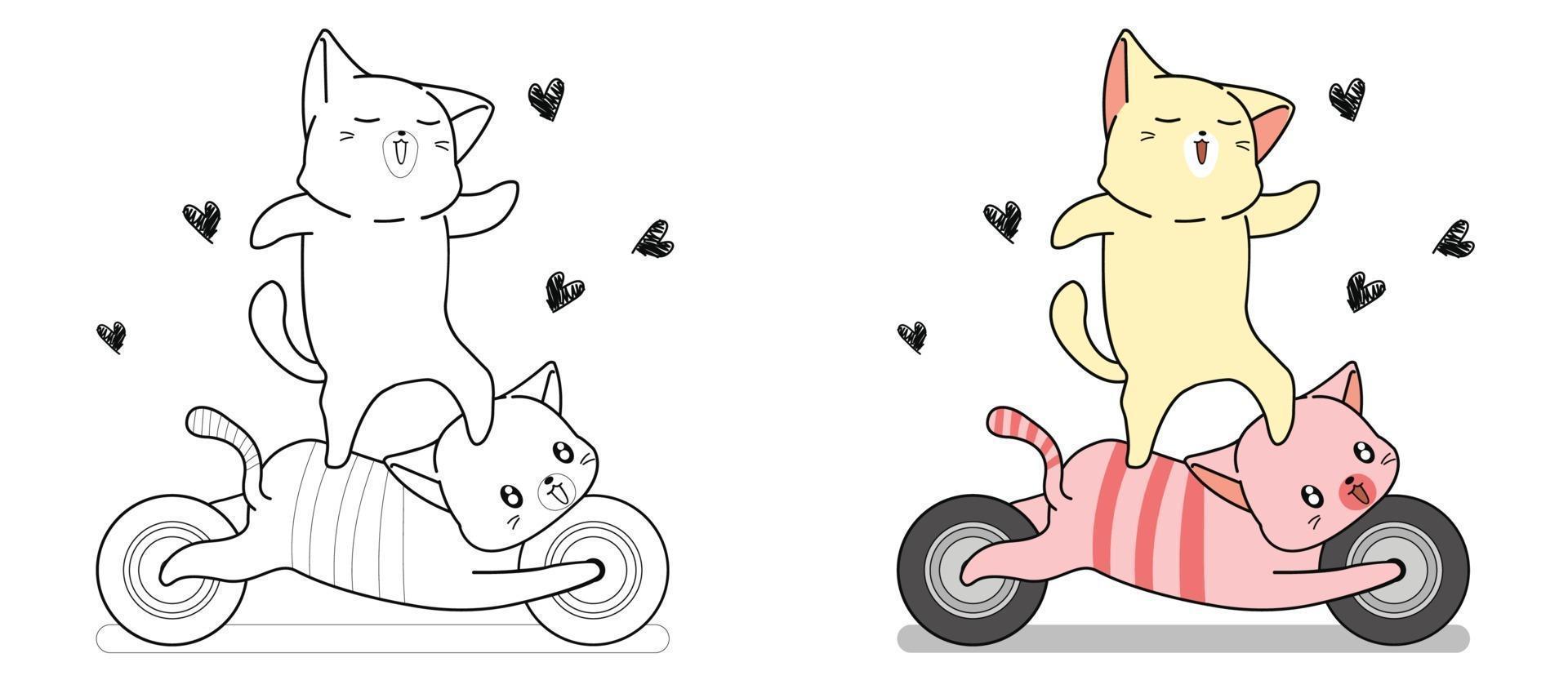 adorable gato está montando motocicleta gato dibujos animados página para colorear para niños vector