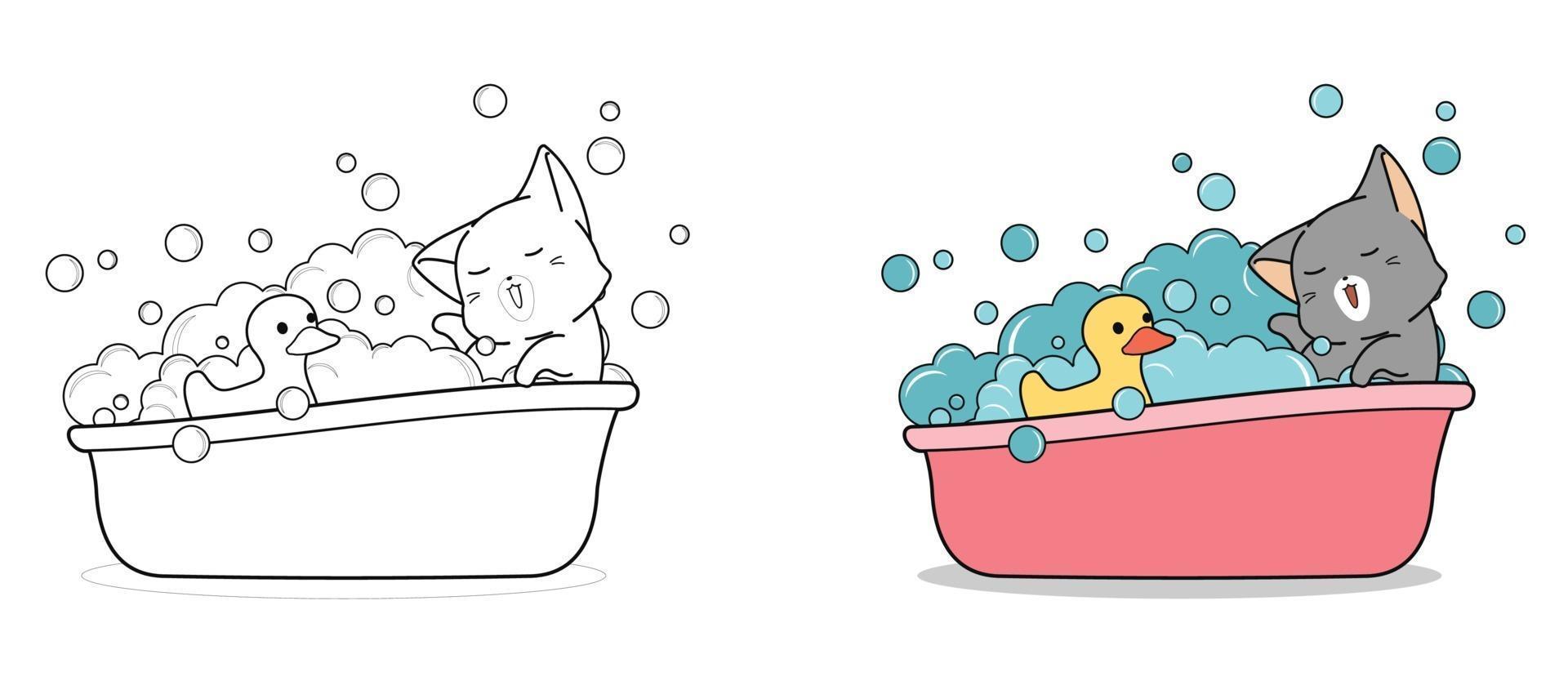 adorable gato se está bañando con la página para colorear de dibujos animados de patito para niños vector
