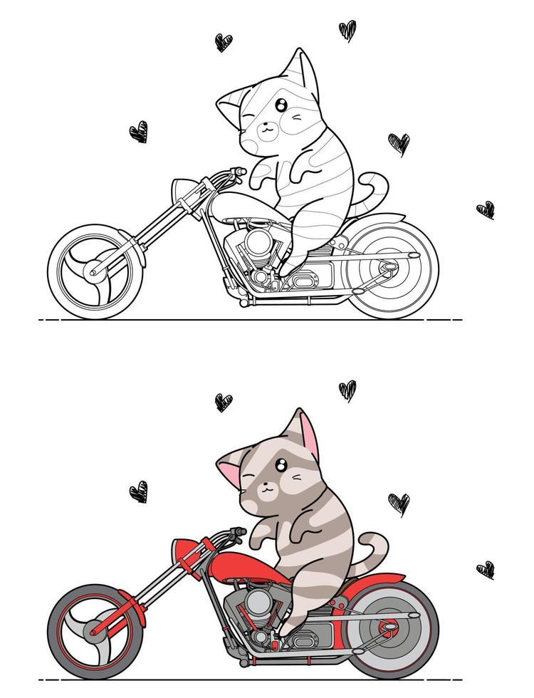Adorable gato está montando motocicleta página para colorear de dibujos animados para niños vector