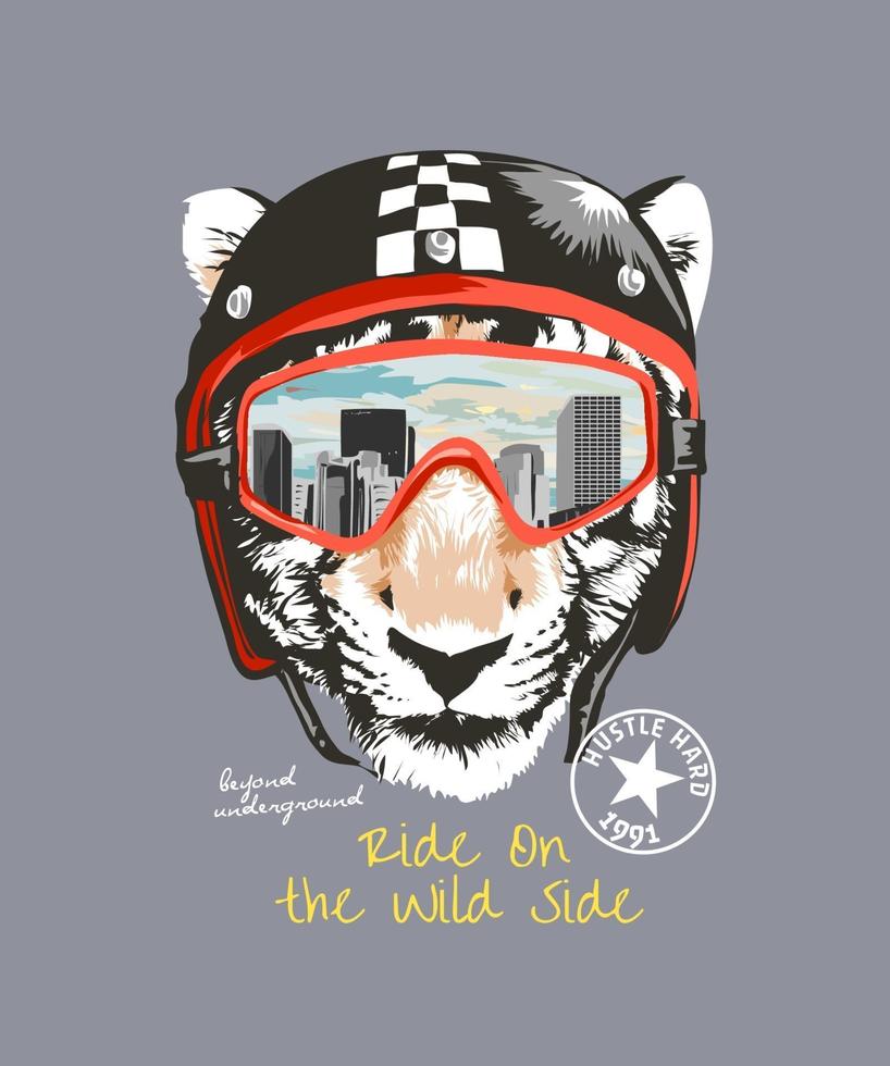 typography slogan with tiger head in biker helmet and goggle illustration vector