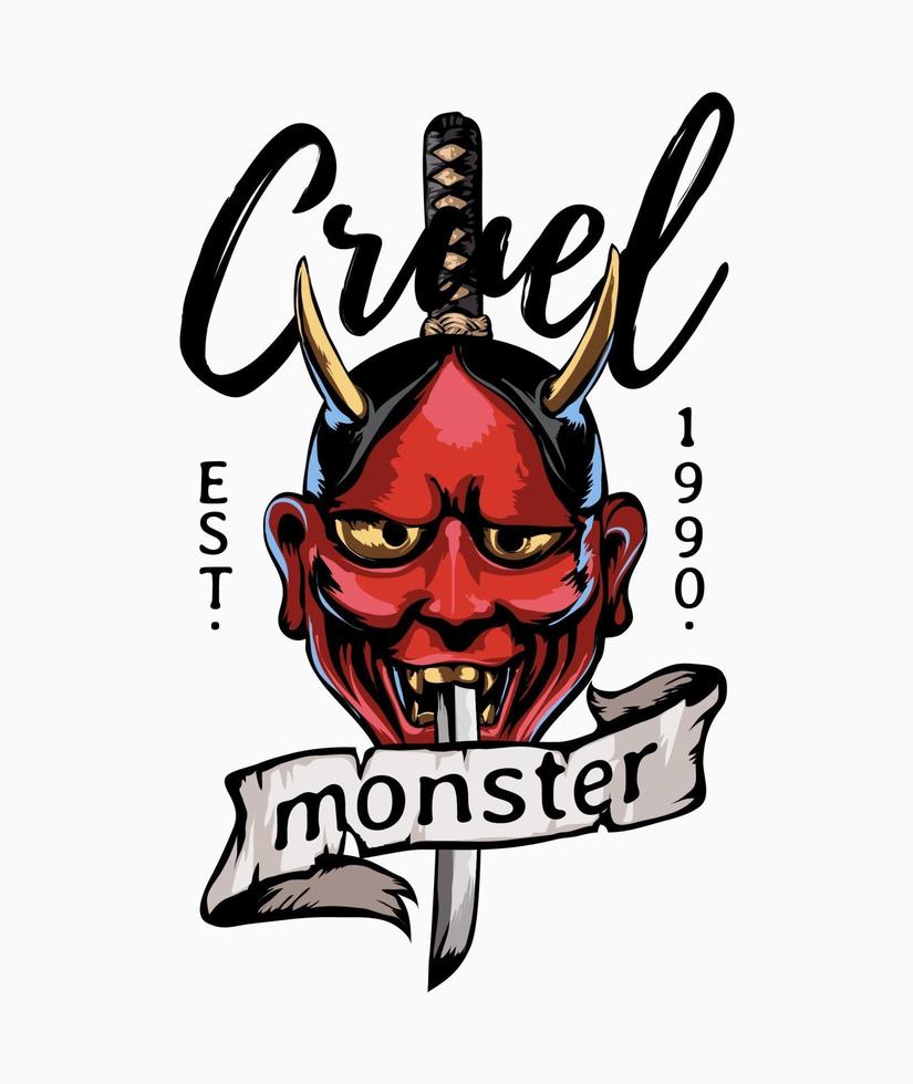 cruel monster slogan with Japanese red evil mask illustration vector