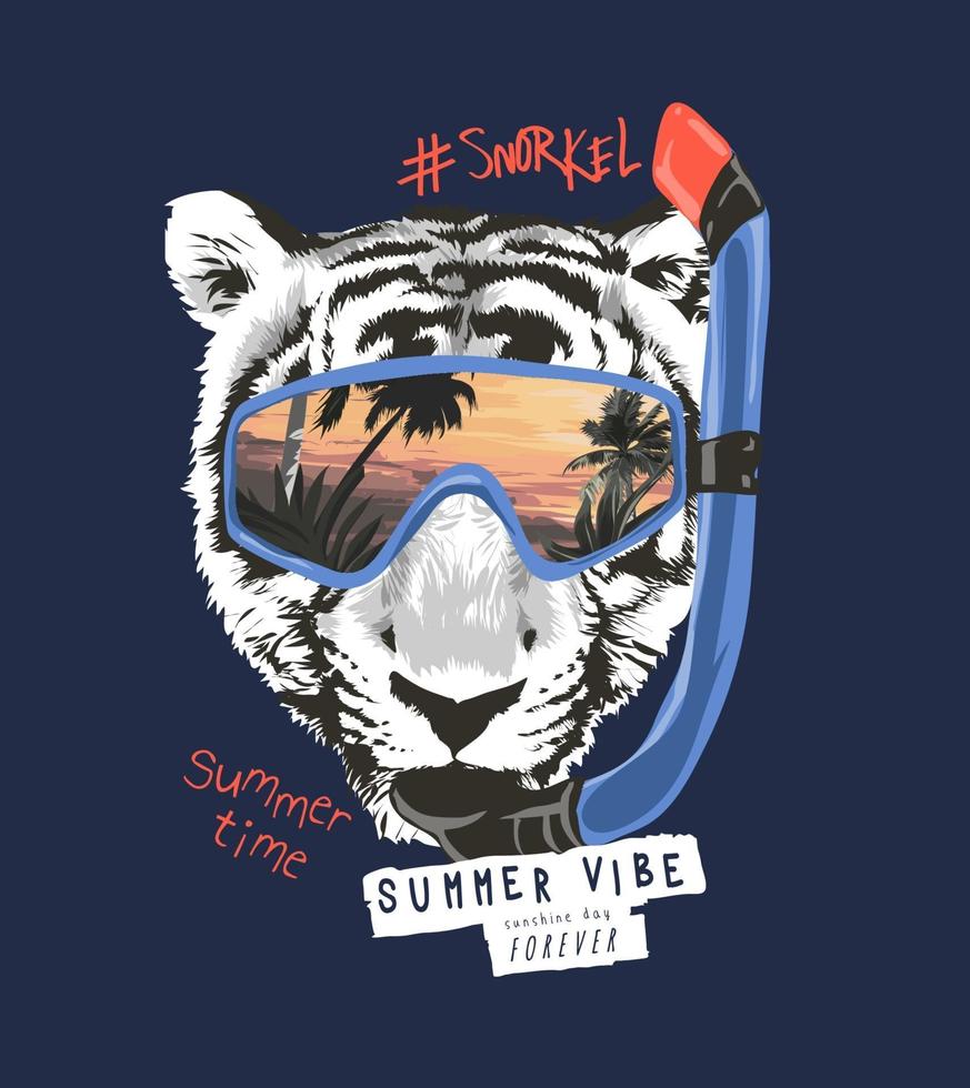lema de tipografía con cara de tigre blanco y negro en la ilustración de máscara de snorkel vector