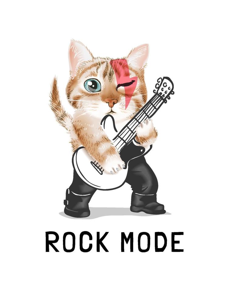 lema del modo rock con lindo gato tocando la guitarra ilustración vector