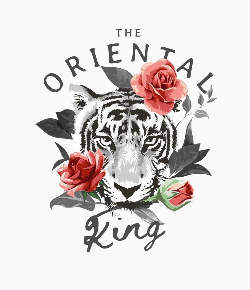 el lema del rey oriental con cara de tigre blanco y negro e ilustración de rosas rojas vector