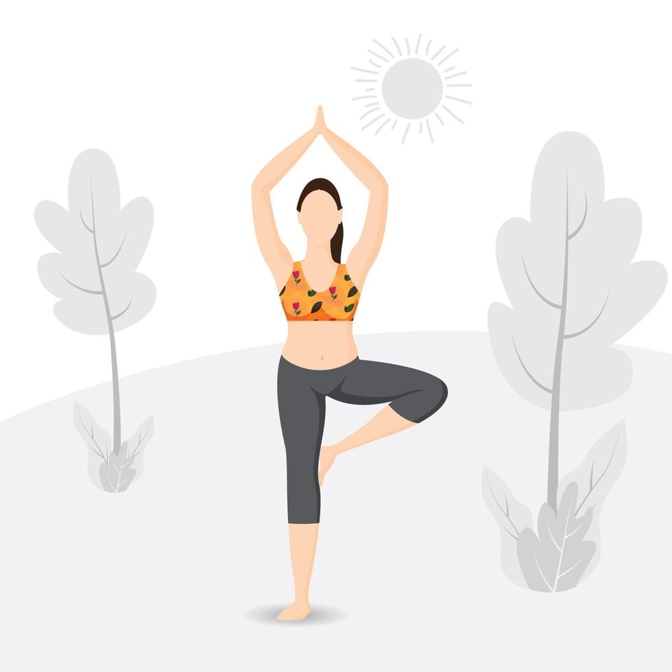 mujer practicando postura de árbol asana vector