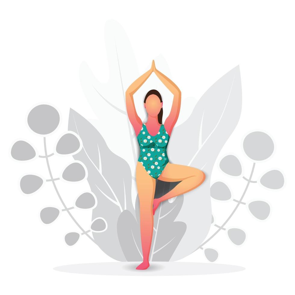 día internacional del yoga, niña de pie sobre una pierna, jovencita practicando yoga vector