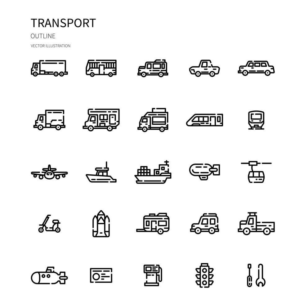 conjunto de iconos de contorno de transporte. icono de sitio web, aplicación, impresión, diseño de carteles, etc. vector