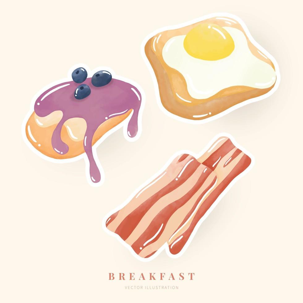 Watercolor illustration breakfast set. Bacon, Bread, Fried egg, Pancake. Digital paint. Vector illustration.