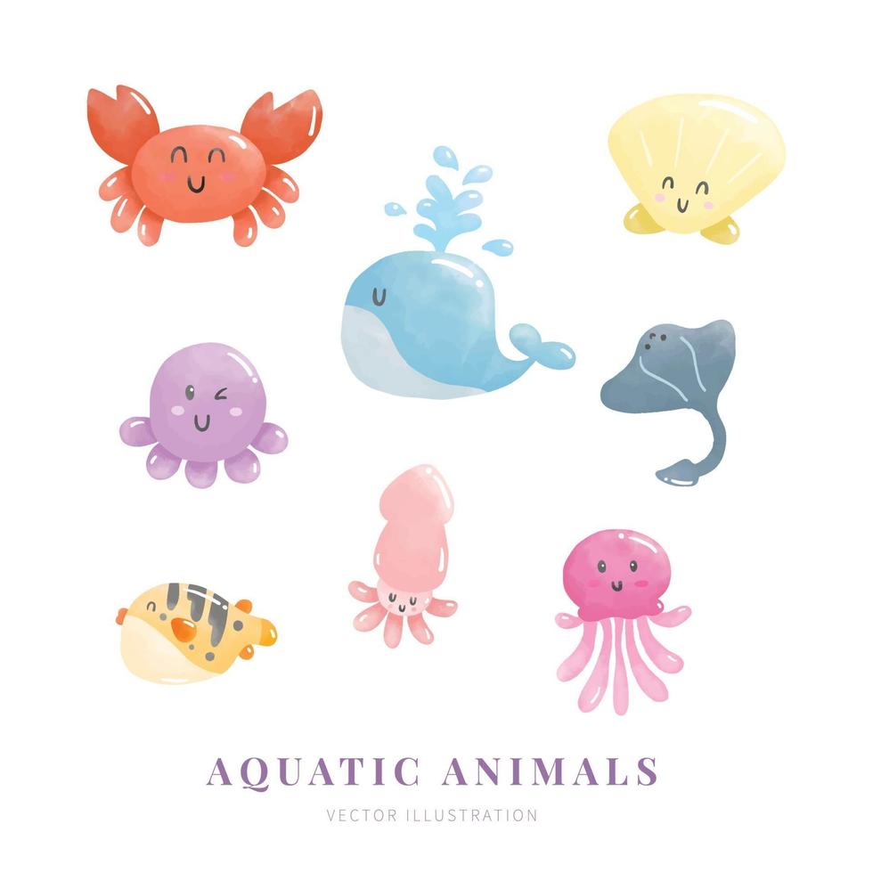 Watercolor aquatic animals set. Crab, Whale, Squid, Puffer fish, Shellfish, Jellyfish, Stingray. Digital paint. Vector illustration.