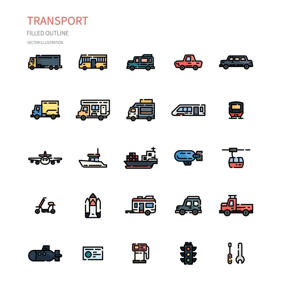 transporte lleno conjunto de iconos de contorno. icono de sitio web, aplicación, impresión, diseño de carteles, etc. vector