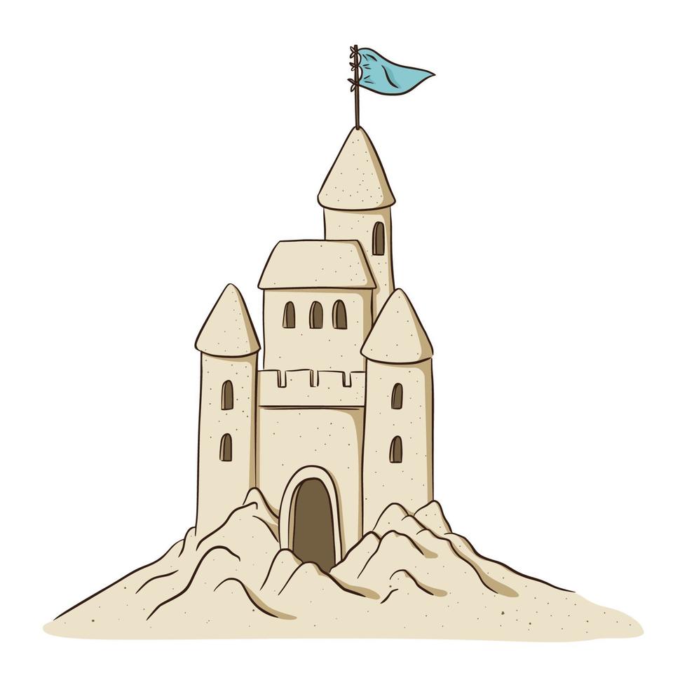 Hand Drawn Yellow Sand Castle with Blue Flag vector