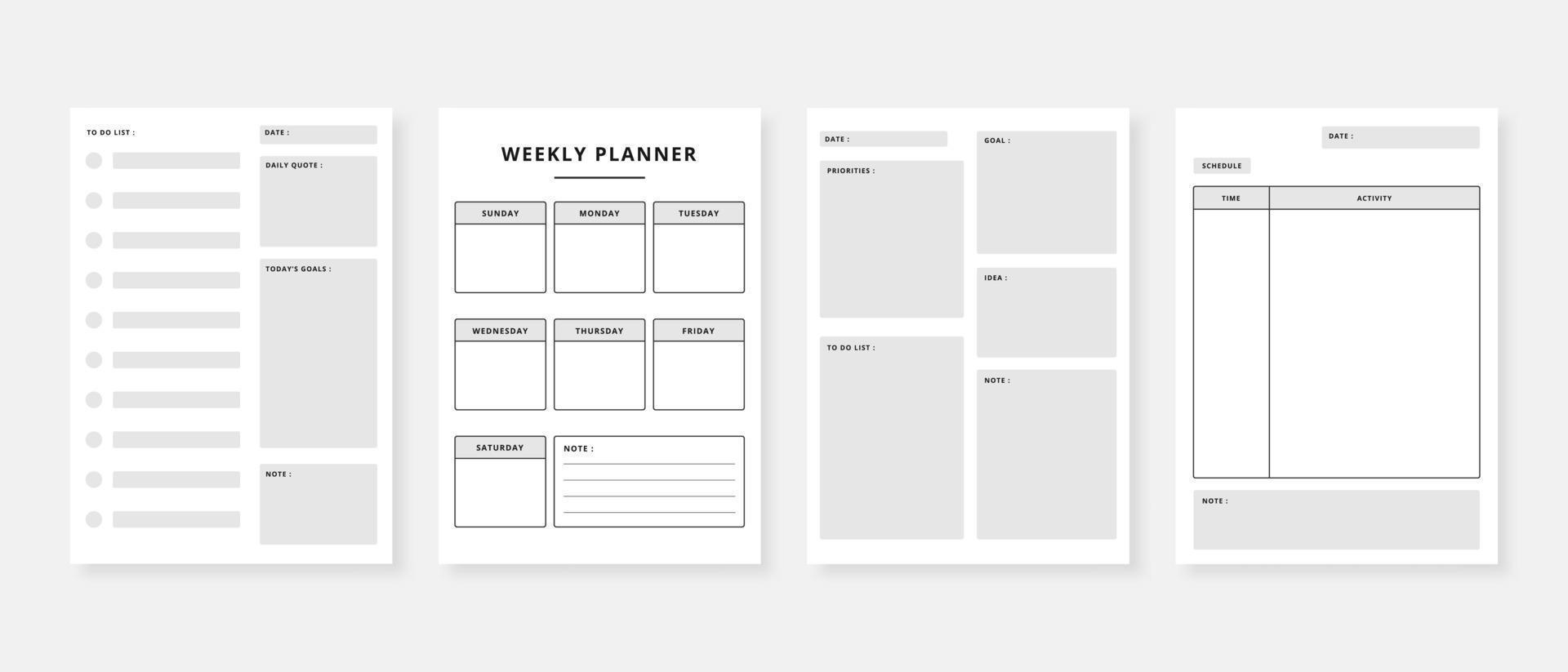 Modern planner template set. Set of planner and to do list. Monthly, weekly, daily planner template. Vector illustration.