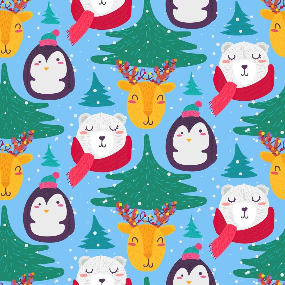 navidad, divertido, invierno, animales, seamless, patrón, vector