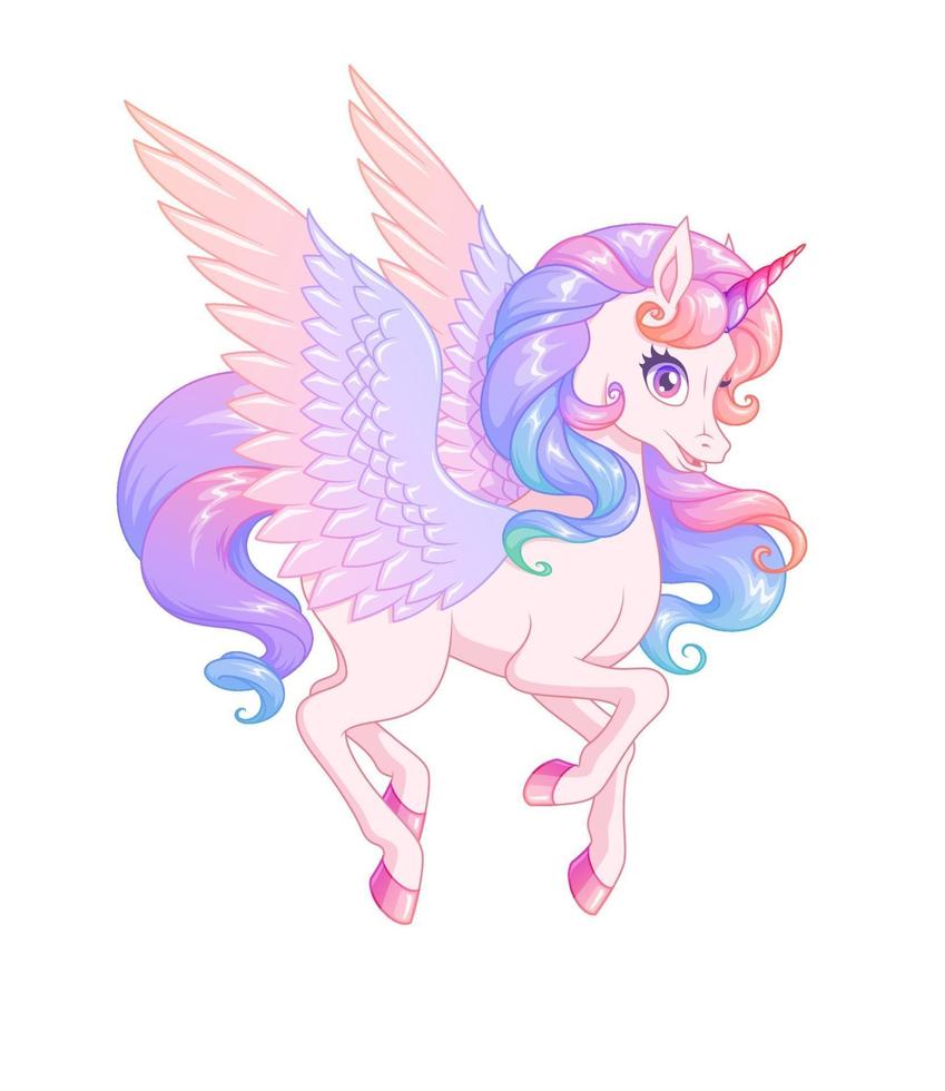 Beautiful flying winged unicorn. Vector illustration isolated on white background.