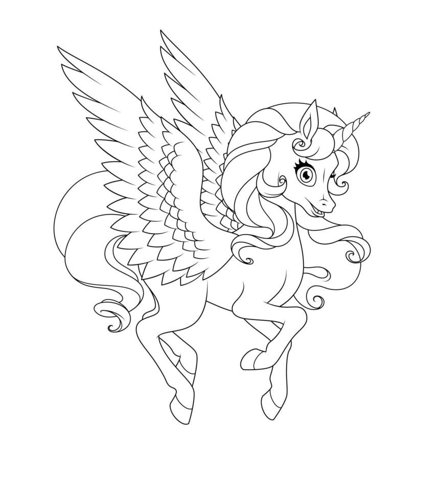 Beautiful flying winged unicorn. Vector coloring page.