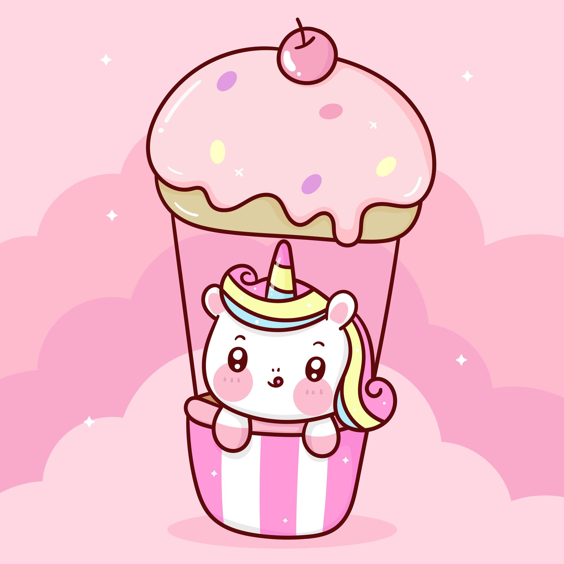 Cute Unicorn Vector On Sweet Cupcake Balloon Pastel Sky With Cloud Pony