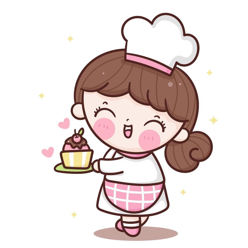 Cute girl vector Chef cartoon with birthday cake kawaii bakery shop logo for kid dessert homemade food