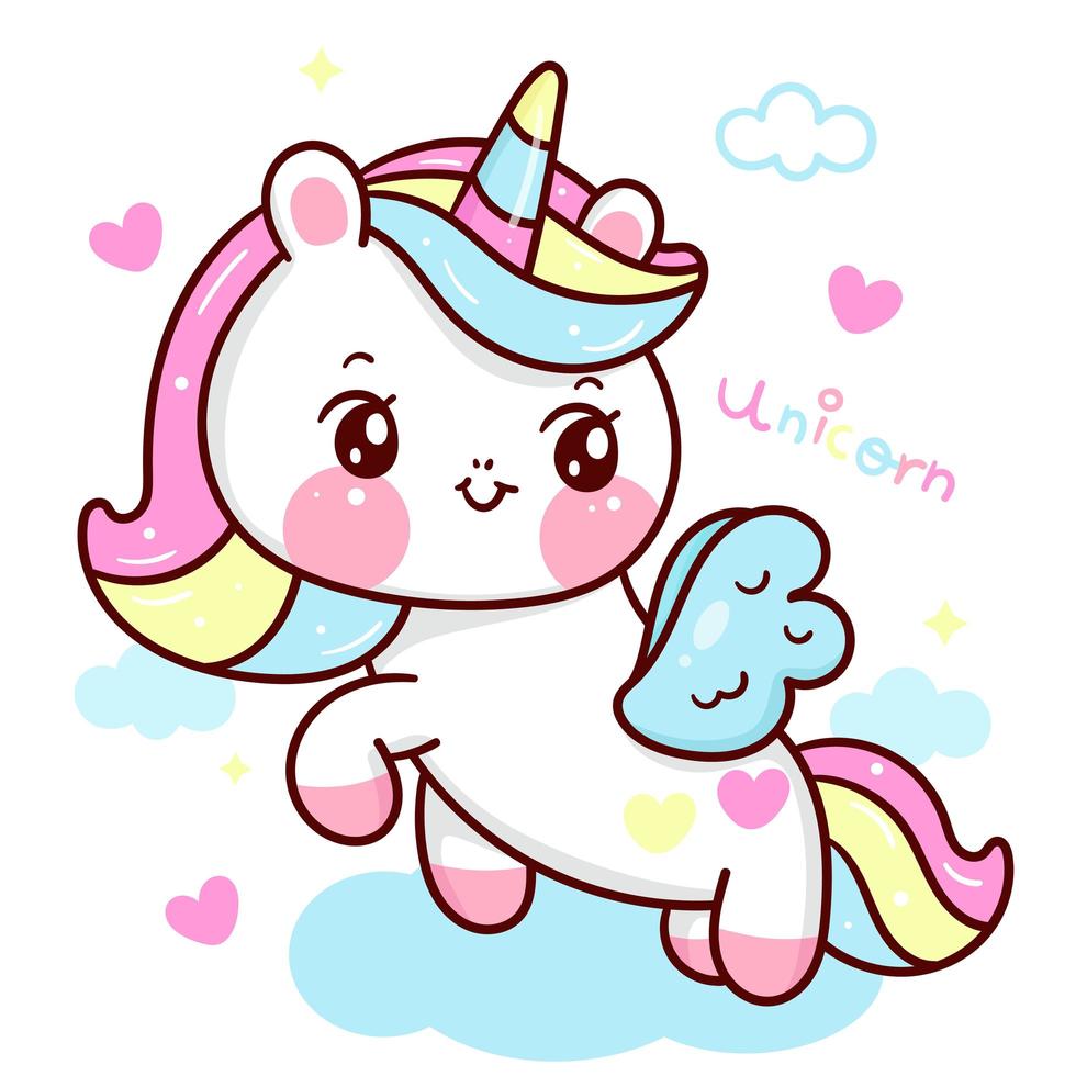 Cute Unicorn vector pegasus pony cartoon with pastel cloud kawaii animals background for Valentines day