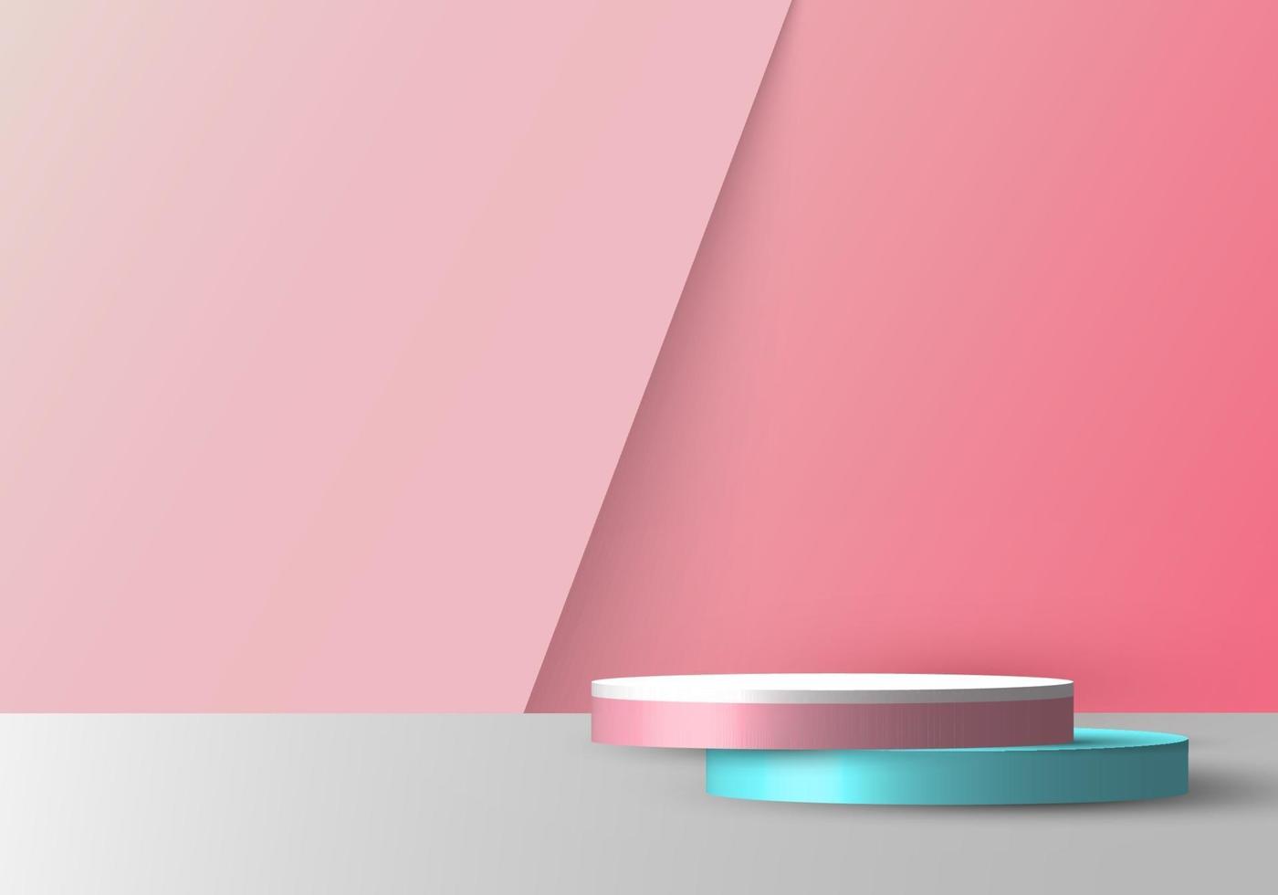 Maqueta de pedestal redondo rosa, azul y blanco vacía realista 3d superpuesta sobre un fondo rosa suave vector