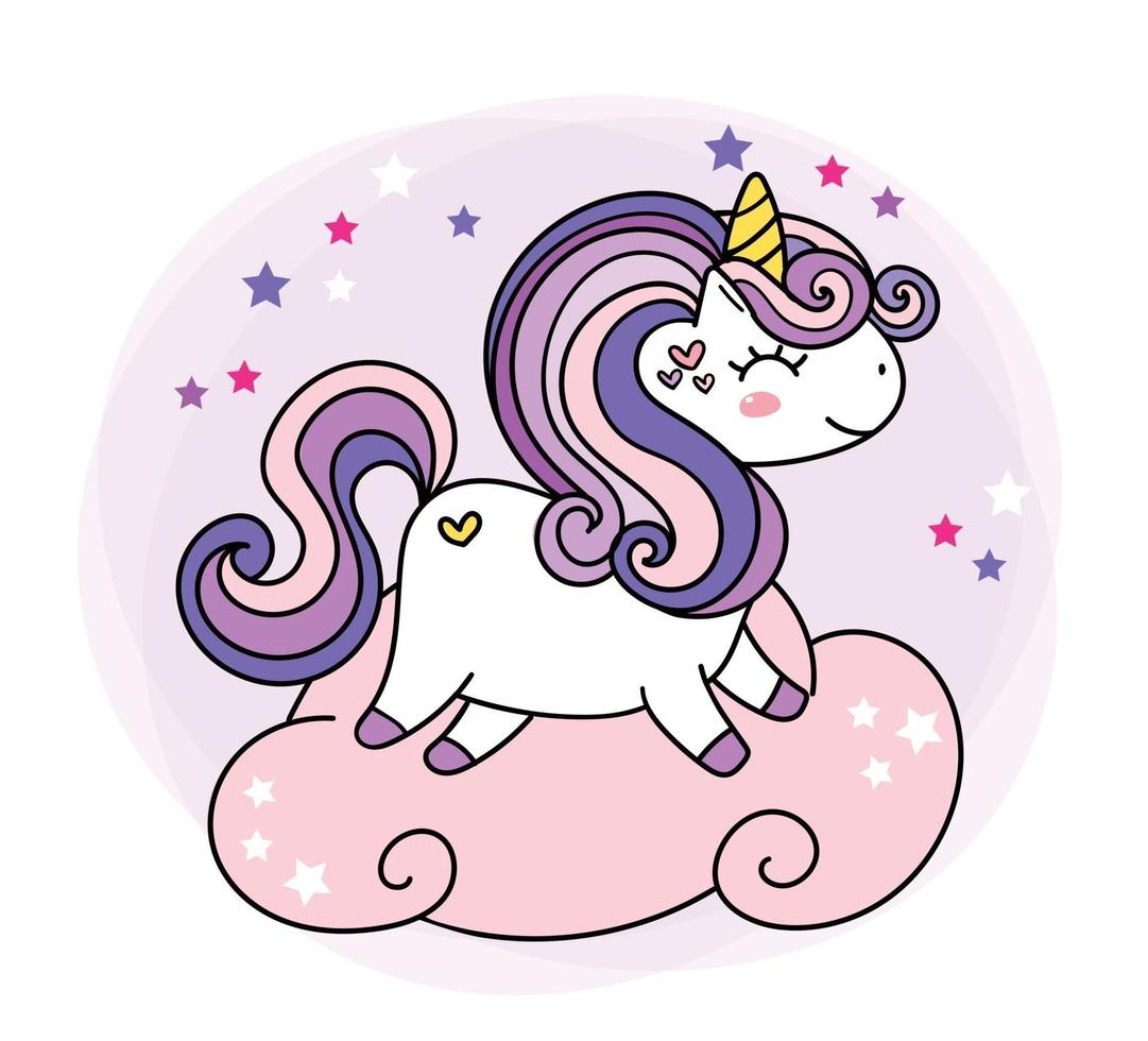 Cute Purple Baby Unicorn magical horn simple doodle outline vector illustration