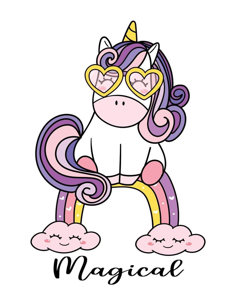 Cute magical purple baby Unicorn with glasses sitting on rainbow, cartoon doodle vector illustration, nursery stlye