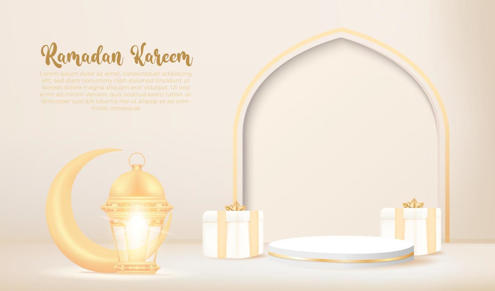 Fondo 3d de ramadan kareem con lámpara dorada y podio. vector