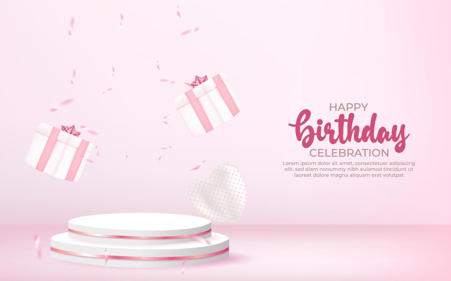3d happy birthday background with gift box, confetti and podium. vector