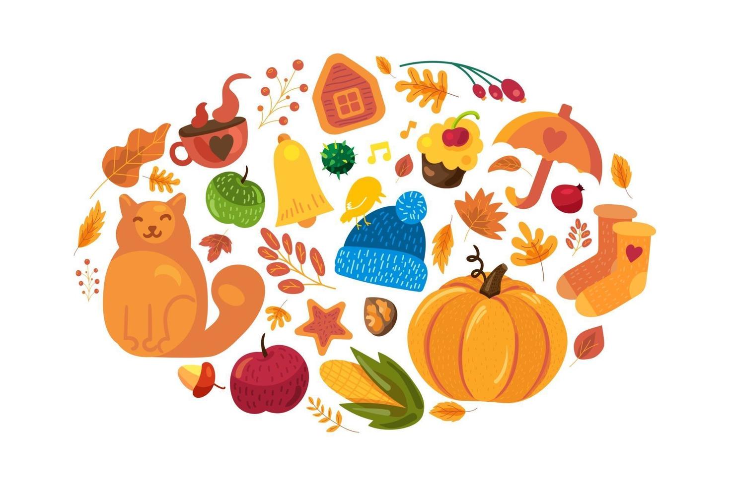 Cartoon autumn background, fall symbols on white vector
