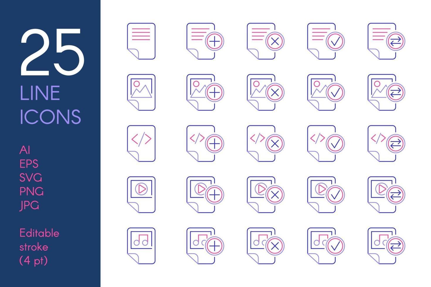Documents and files color linear icons set vector