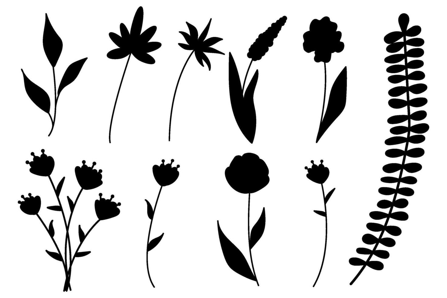 Collection of minimalistic simple floral elements. Graphic sketch. Fashionable tattoo design. Flowers, grass and leaves. Botanical natural elements. Vector illustration. Outline, line, doodle style.