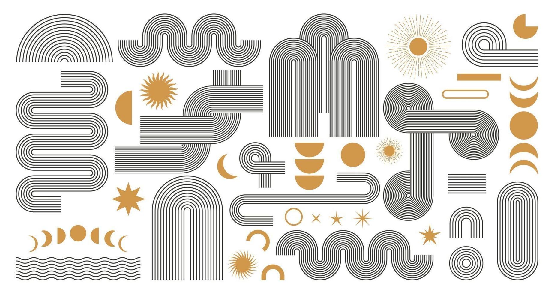 Conjunto de formas geométricas estéticas boho abstracto. Diseño contemporáneo de líneas de mediados de siglo con fases de sol y luna, estilo bohemio de moda en tonos tierra. vector