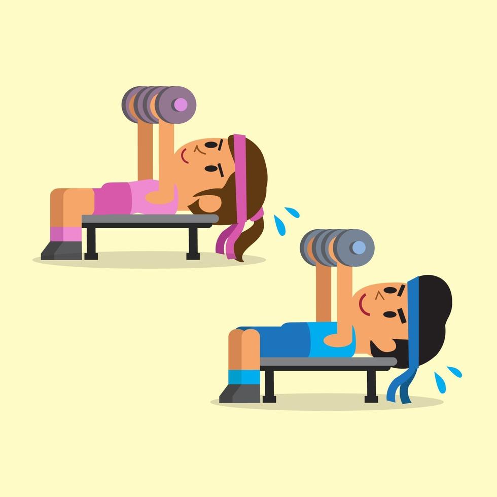 Cartoon man and woman doing dumbbell press exercise set vector