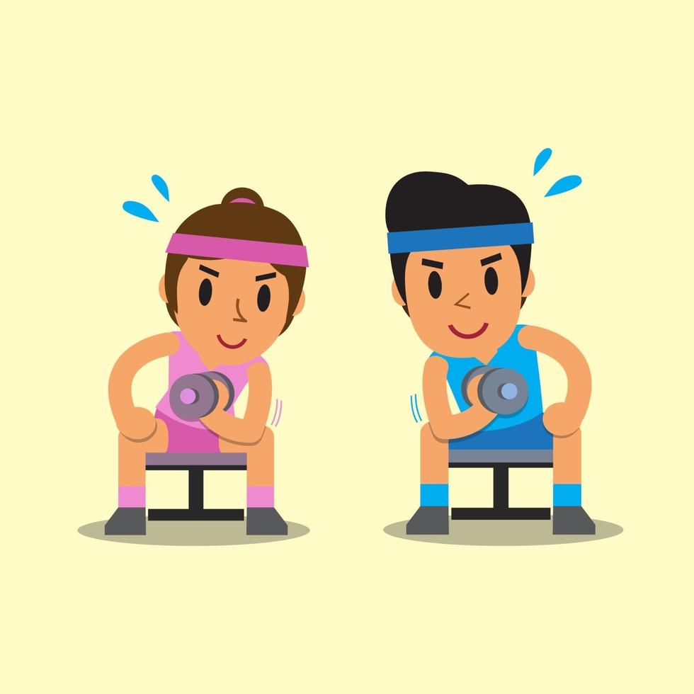 Cartoon man and woman doing dumbbell concentration curl exercise set vector