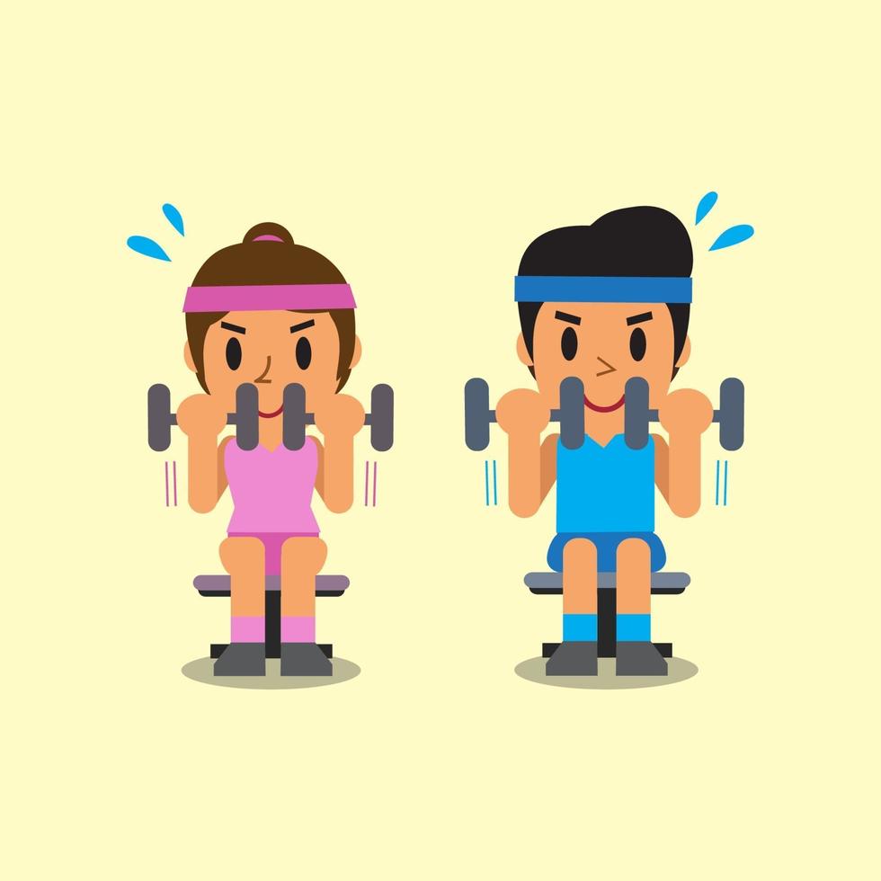 Cartoon man and woman doing dumbbell curl exercise vector