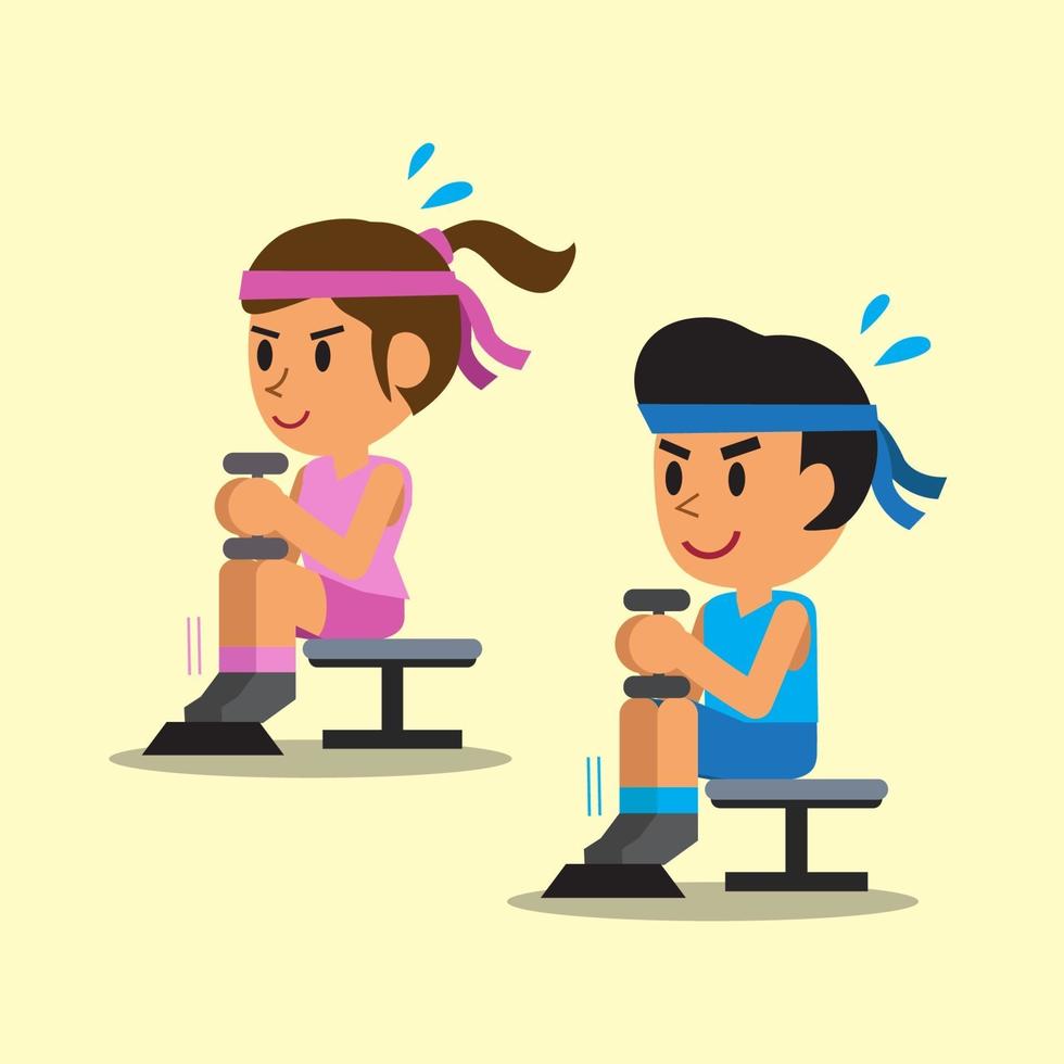 Cartoon man and woman doing dumbbell seated calf raise exercise vector