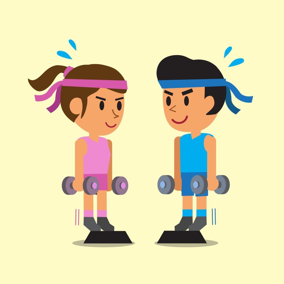 Cartoon man and woman doing standing dumbbell calf raise exercise vector