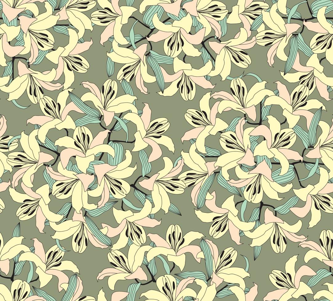 Floral seamless pattern. Flower yellow lilies bouquet stylish drawn background. Floral seamless texture with flowers. vector