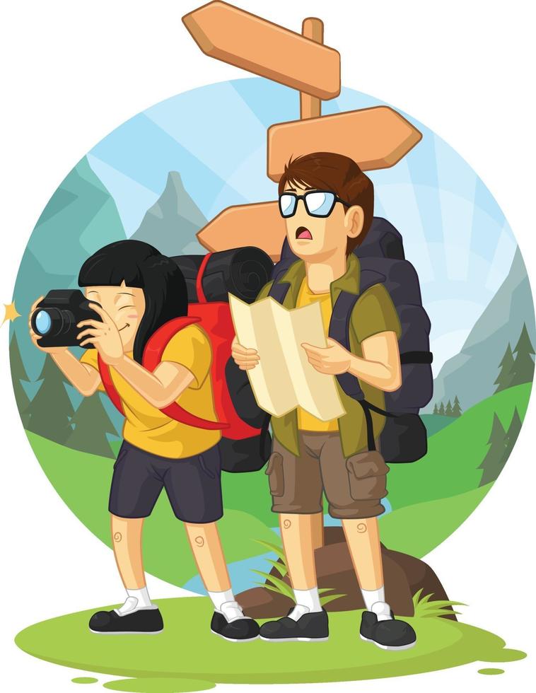 Cartoon Backpacker Boy Vacation Girl Hiking Mountain Vector Drawing