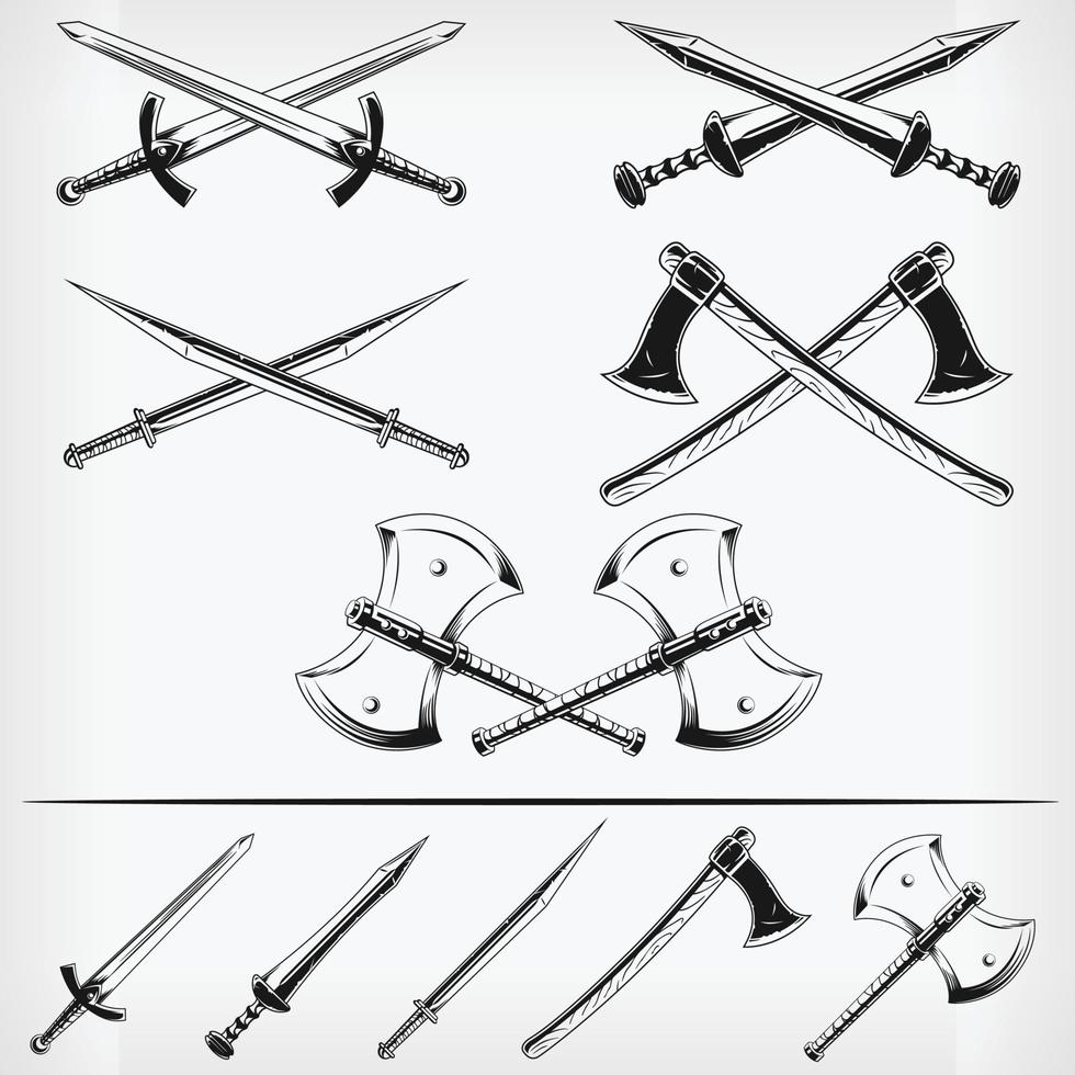 Silhouette Medieval Weapon Crossed Sword Axe Stencil Vector Drawing set