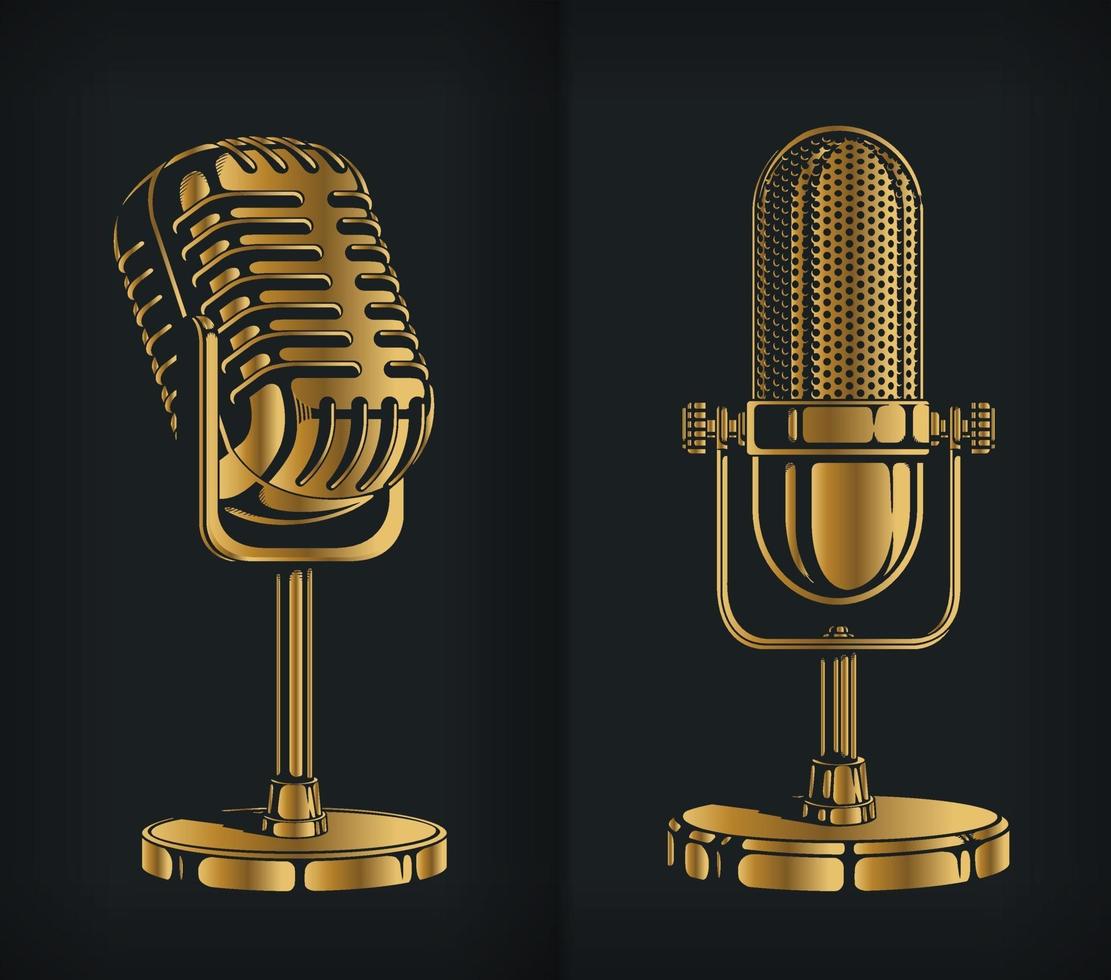 Silhouette Classic Gold Retro Microphone Stencil Logo Vector Drawing set