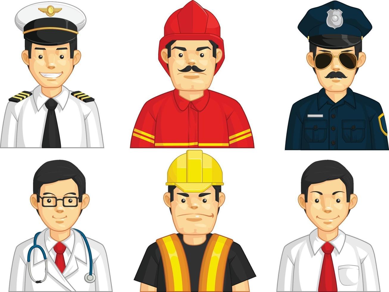 dibujos animados trabajador de la construcción médico piloto policía avatar mascota conjunto de dibujo vector