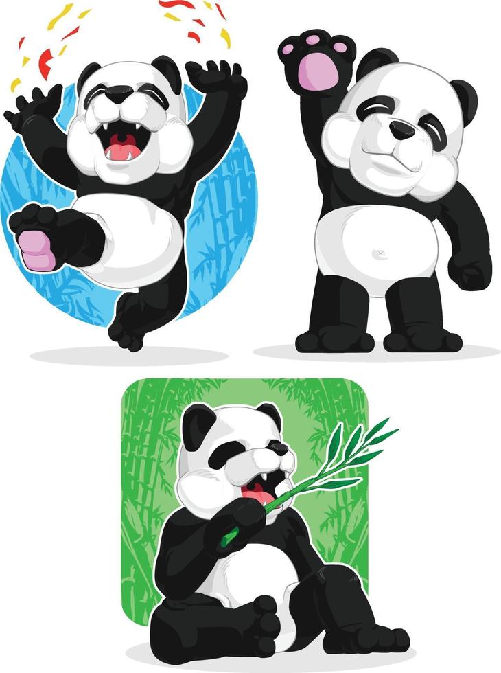 caricatura, panda gigante, mascota, dibujo, feliz, ondulación, comer, bambú, conjunto vector