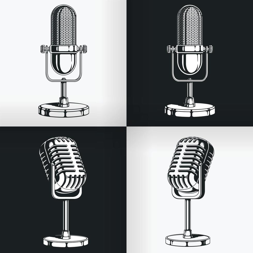 Silhouette Old Vintage Radio Microphone Retro Podcast Stencil Drawing set vector