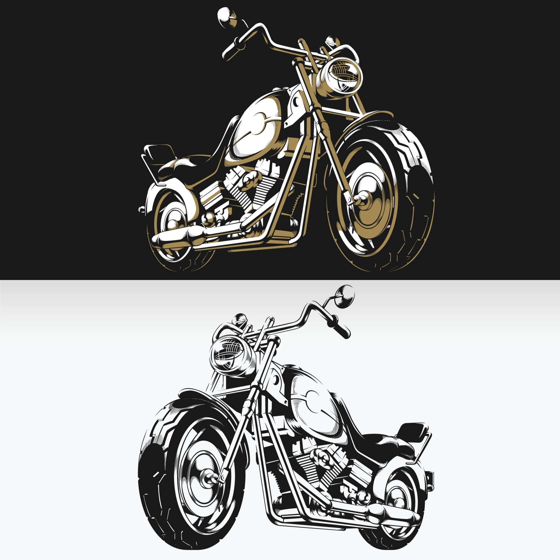 Silhouette Retro Motorcycle Chopper Biker Stencil Isolated Drawing set