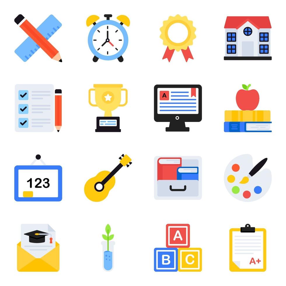 paquete de iconos planos de accesorios escolares vector