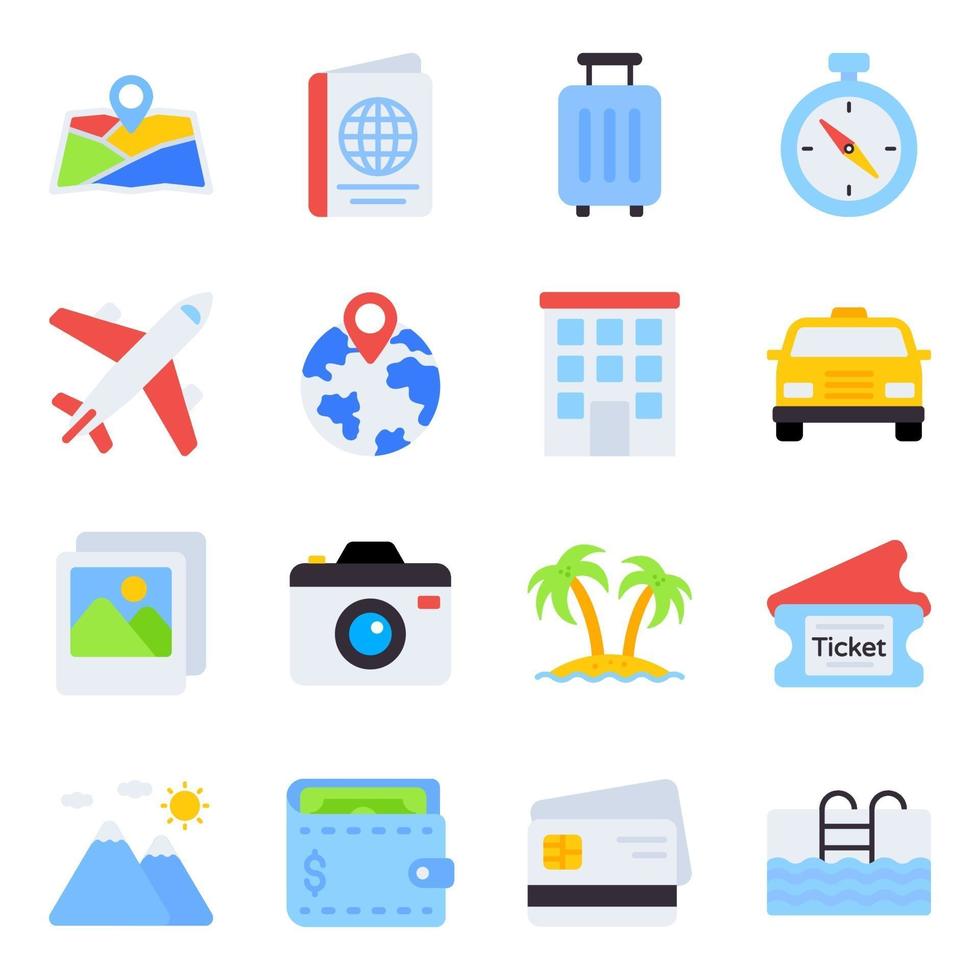 paquete de iconos planos de viaje vector