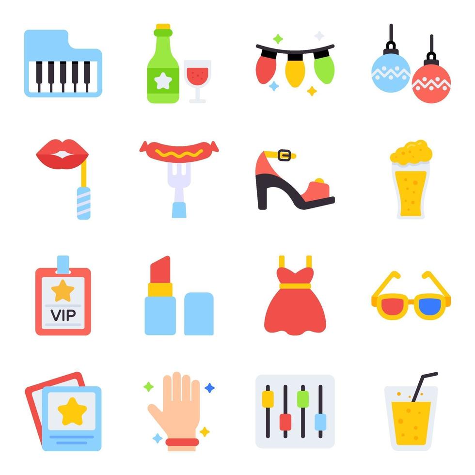 paquete de iconos planos de fiesta y celebración vector