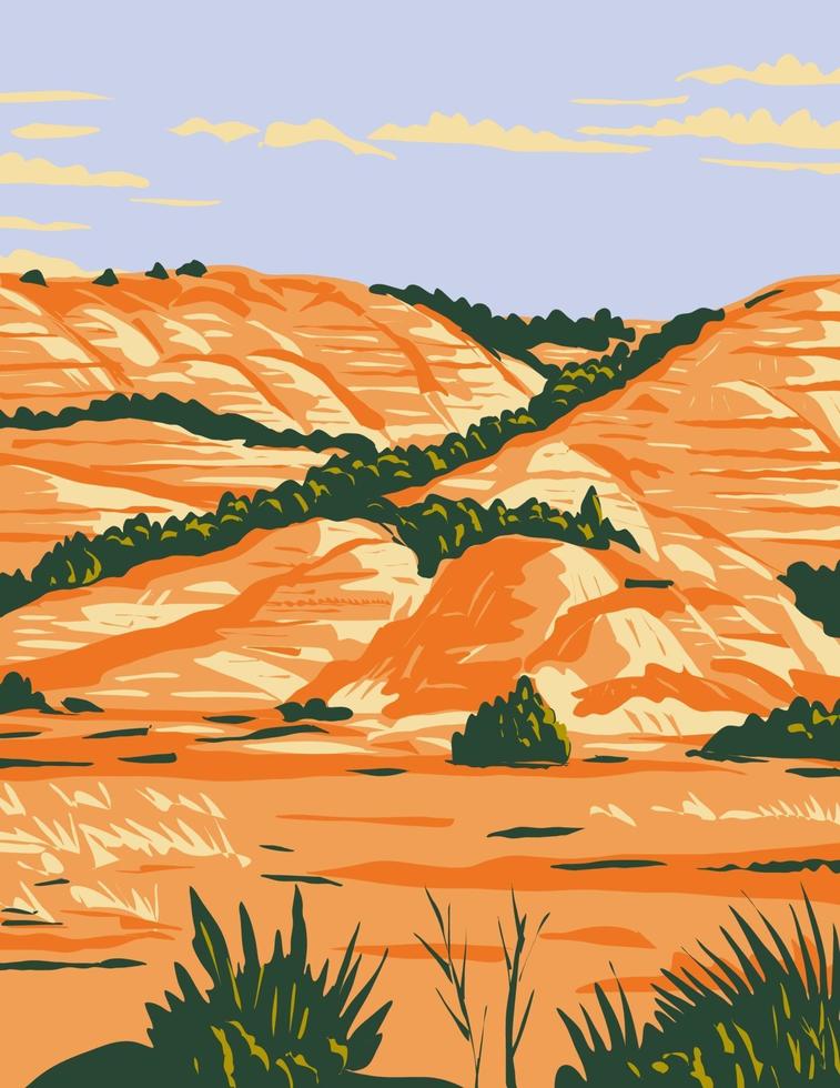 North Dakota Badlands in Theodore Roosevelt National Park Located in Medora North Dakota WPA Poster Art vector