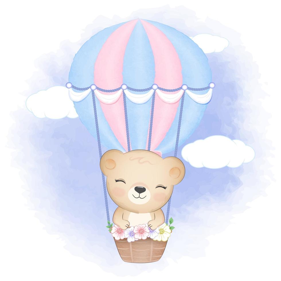 Cute Bear on hot air balloon illustration vector